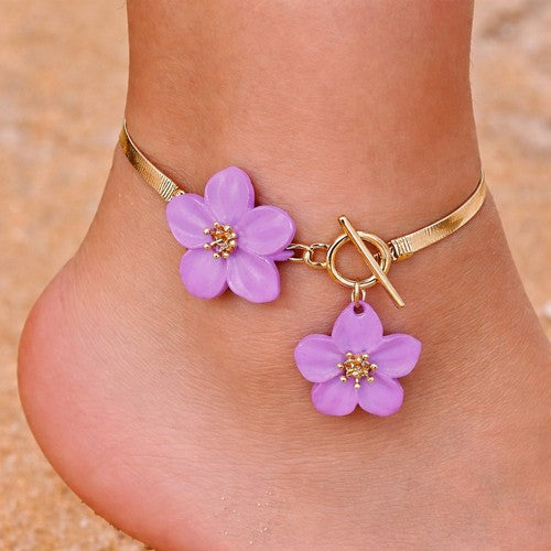 Flower Pendant Snake Chain Anklet in Gold & Purple