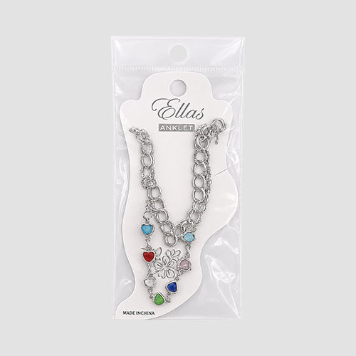 Heart Charm Layered Chain Anklet in Silver
