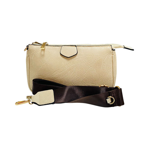 Plain Leather Clutch Side Bag with Canvas Strap in Beige