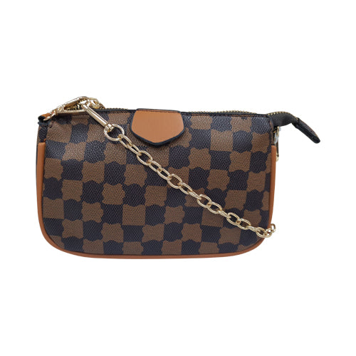 Monogram Leather Clutch Side Bag with Chain Strap in Brown