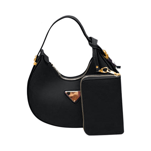 99273 Triangle Badge Round Hobo with Purse in Black
