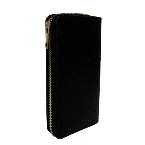 Ostrich Leather Single Zip Purse in Black