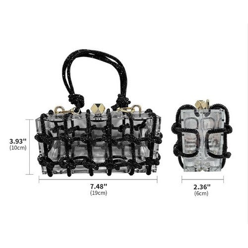 Acrylic Clear Clutch With Knotted Rhinestones in Black