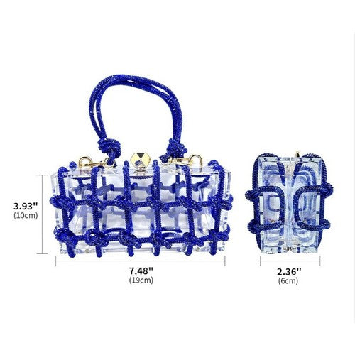 Acrylic Clear Clutch With Knotted Rhinestones in Blue