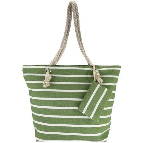 03015 Stripe Canvas Beach Bag with Purse in Green
