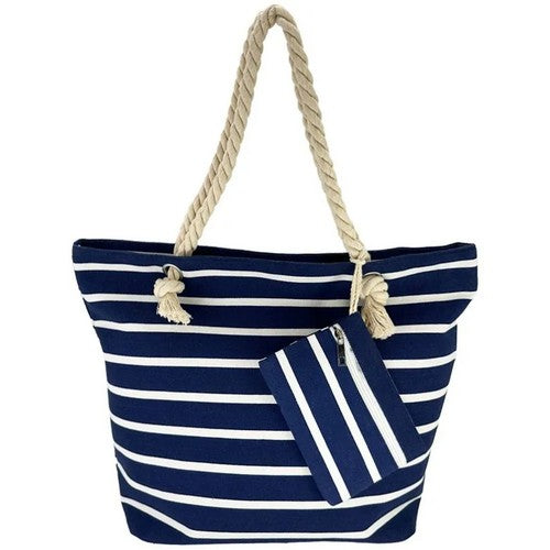 03015 Stripe Canvas Beach Bag with Purse in Navy