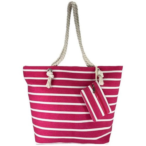 03015 Stripe Canvas Beach Bag with Purse in Pink