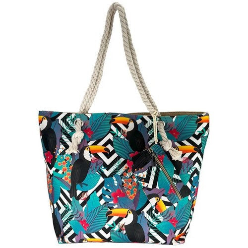 03016 Canvas Beach Bag with Purse in Teal Toucan