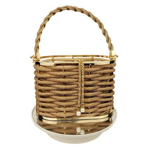 YH319 Rhinestone Weave Gold Metal Basket Clutch in Gold