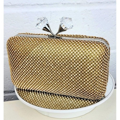 Double Gem Rhinestone Snap Clutch in Gold