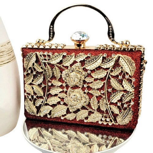 1232 Rhinestone & Gold Leaf Applique Snap Clutch in Wine