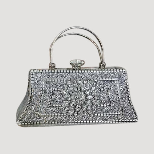 JM9113 Mega Rhinestone Metal Handle Clutch in Silver