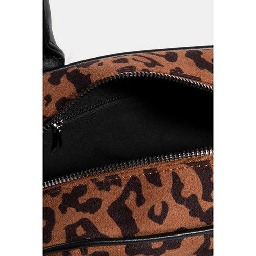 Leather Handle Boxy Fabric Handbag in Leopard Print