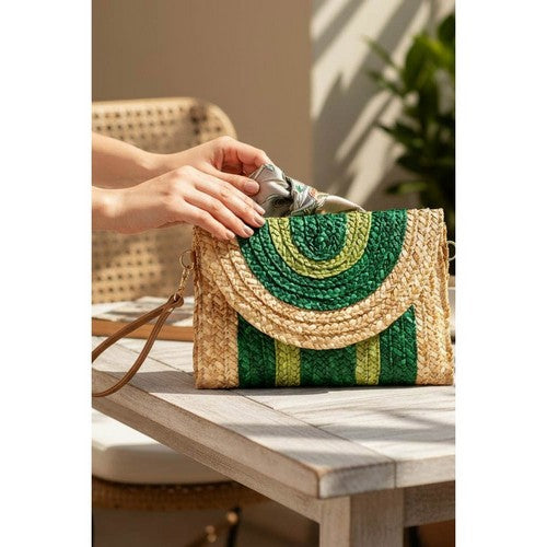 2-Tone Straw Wristlet Envelope Clutch in Green