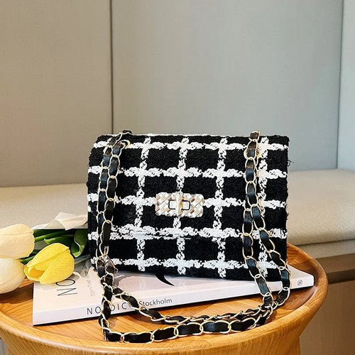 Plaid Tweed Side Bag Clutch in Black