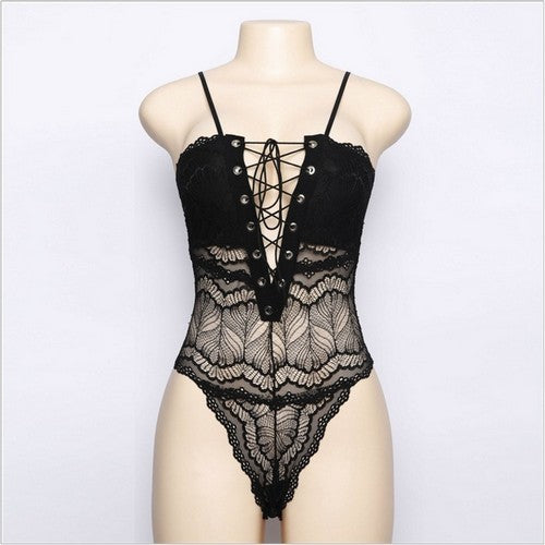 Tie-Front Lace Bodysuit in Black