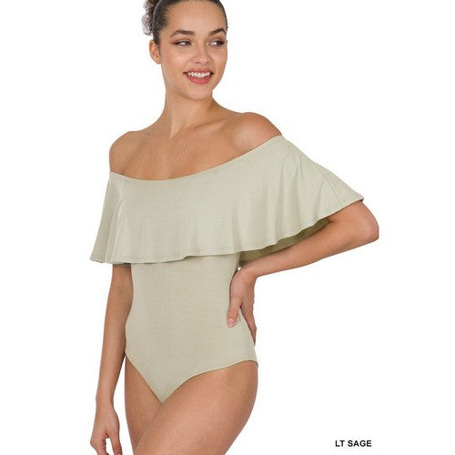 RT-8311BA Ruffle off Shoulder Bodysuit in Light Sage