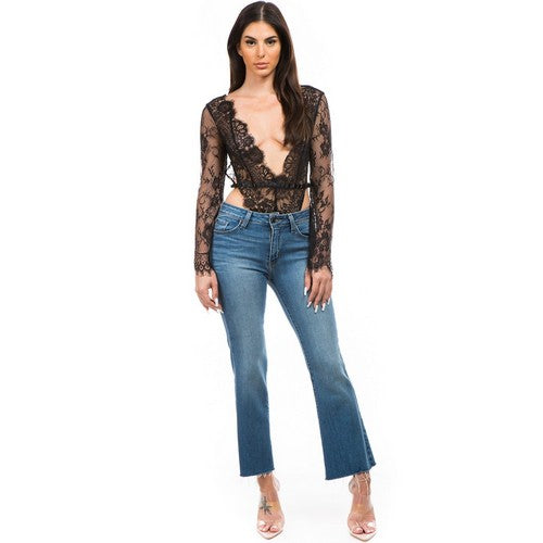 La Reyna Sexy High Cut Lace Plunge Bodysuit in Black