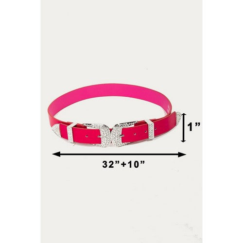 Rhinestone Double Western Buckle Leather Belt in Fuchsia