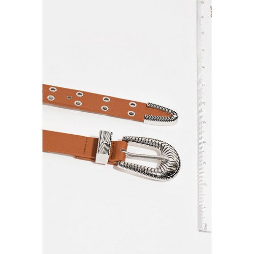 Engraved Buckle Western Belt in Brown
