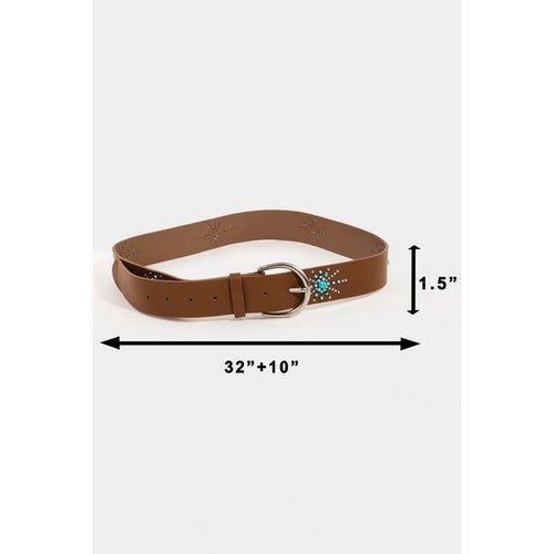 Western Leather Turquoise Star Burst Belt in Brown