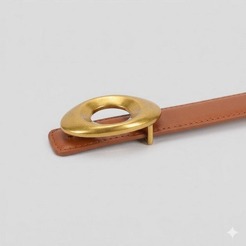 Eye-Shape Buckle Thin Belt in Camel