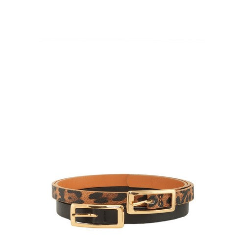 Oblong Buckle 2-Belt Set in Black/Brown Leopard