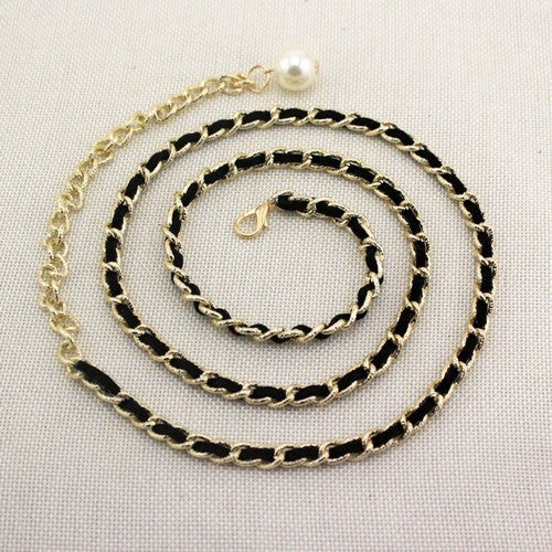 EVFVP65W9Q8 Leather Thread Chain Belt in Black