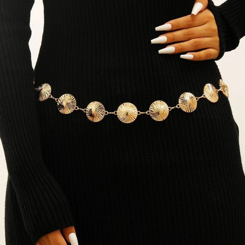 EVFV682R995 Sunburst Disc Chain Belt in Gold