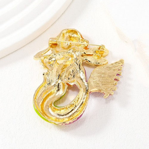 Mermaid Rhinestone Enamel Brooch in Gold