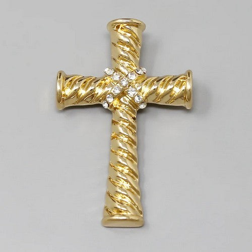 123384 Cable Textured Cross Rhinestone Brooch in Gold