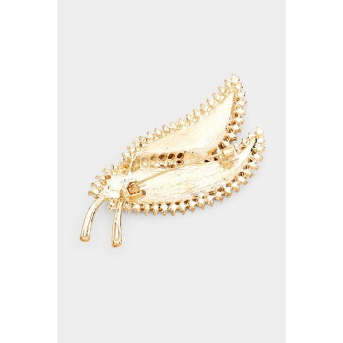 Rhinestone Pave Double Leaf Brooch in Gold