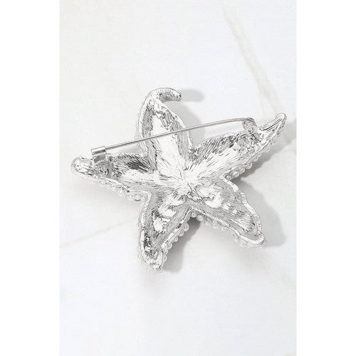 Oversize Pearl & Rhinestone Starfish Pin Brooch in Silver