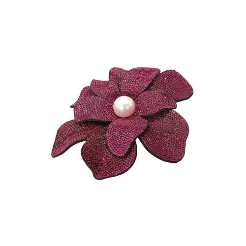 Oversize Rhinestone Pearl-Centre Flower Pin Brooch in Fuchsia