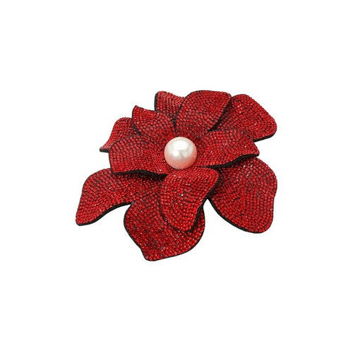 Oversize Rhinestone Pearl-Centre Flower Pin Brooch in Red