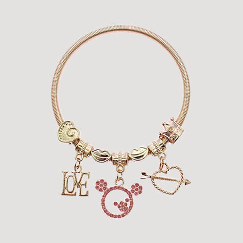 RBT1516R6 Rhinestone Mickey Love Stretch Charm Bracelet in Gold & Pink
