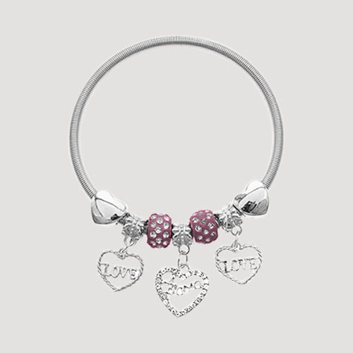 RBT1847R6 Rhinestone Bead Love Stretch Charm Bracelet in Silver & Lavender