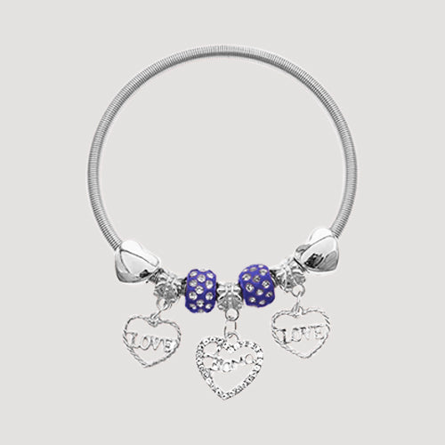 RBT1847R6 Rhinestone Bead Love Stretch Charm Bracelet in Silver & Royal Blue
