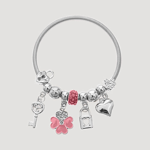 RBT2009R Rhinestone Clover & Lock Bead Stretch Charm Bracelet in Silver & Pink