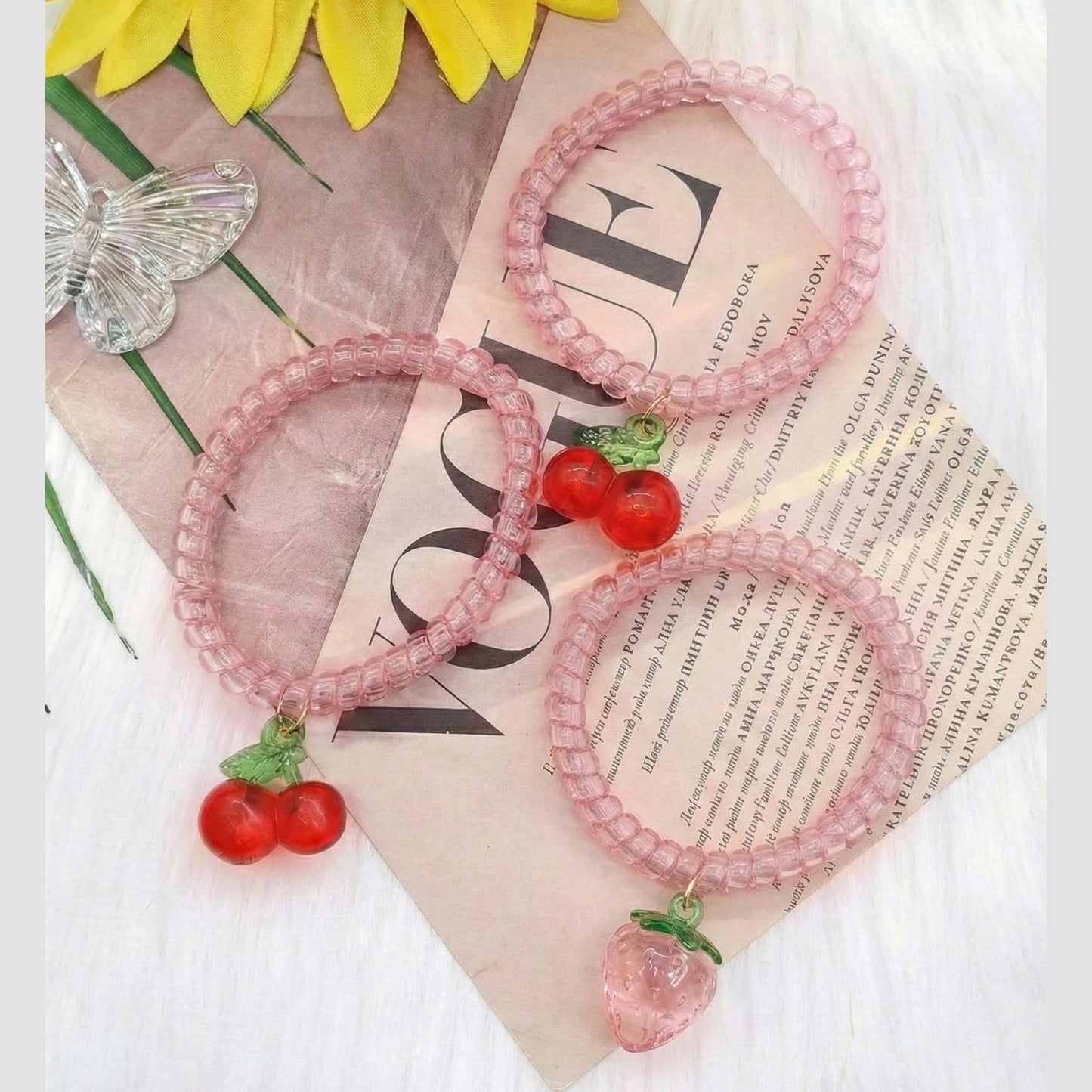 Stretchy Spiro Stackable 3pk Cherry Charm Bracelet in Pink