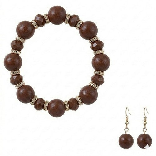 Rhinestone & Bead Detail Pearl Bracelet & Earring Set in Brown