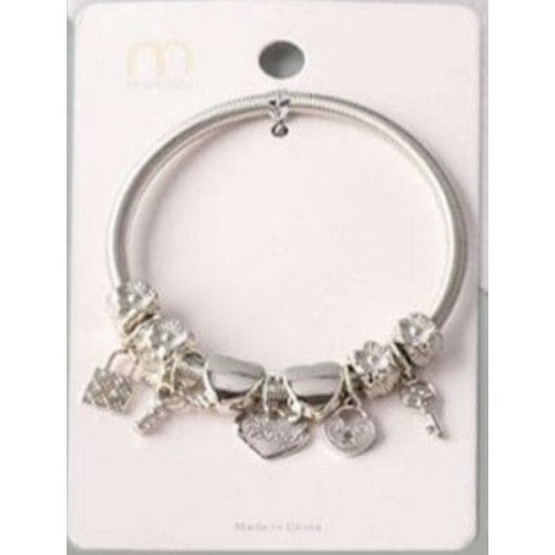BL_17914 Lock Pendant Stretch Charm Bracelet in Silver
