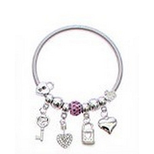 RBT1831R Heart Lock & Key Charm Bracelet in Silver & Purple