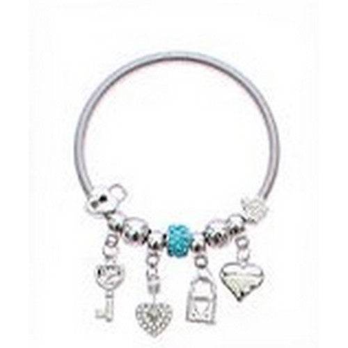 RBT1831R Heart Lock & Key Charm Bracelet in Silver & Turquois