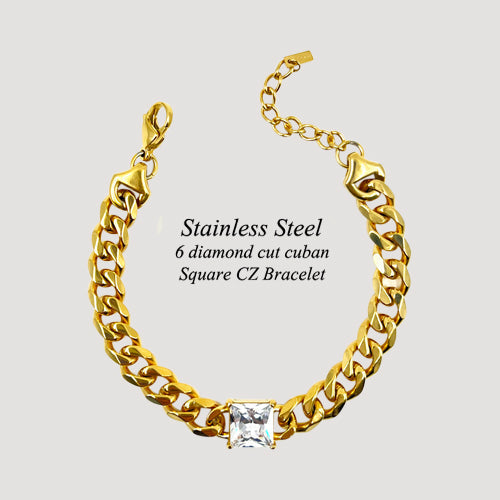 Lux Lux Stainless Steel 6mm Diamond Cut Cuban CZ Gem Bracelet in 18K Gold Dip