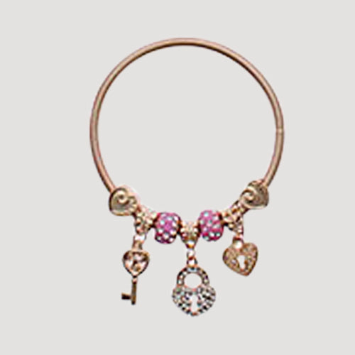 RBT1894R Rhinestone Lock & Key Stretch Charm Bracelet in Gold Pink