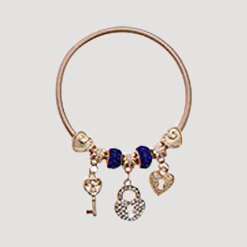 RBT1894R Rhinestone Lock & Key Stretch Charm Bracelet in Gold Royal Blue