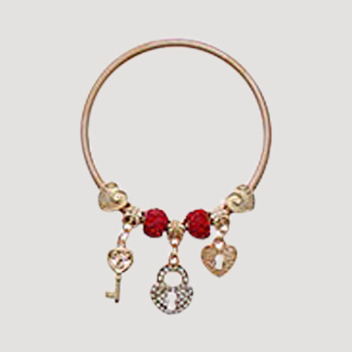 RBT1894R Rhinestone Lock & Key Stretch Charm Bracelet in Gold Red