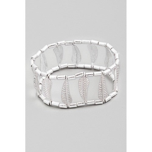 MB90017 Elastic Feather Beaded Bracelet in White Silver