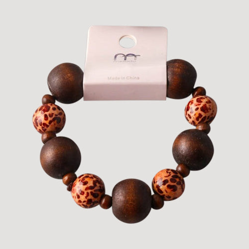 Spotted Bold Wood Bead Bracelet in Brown & Orange